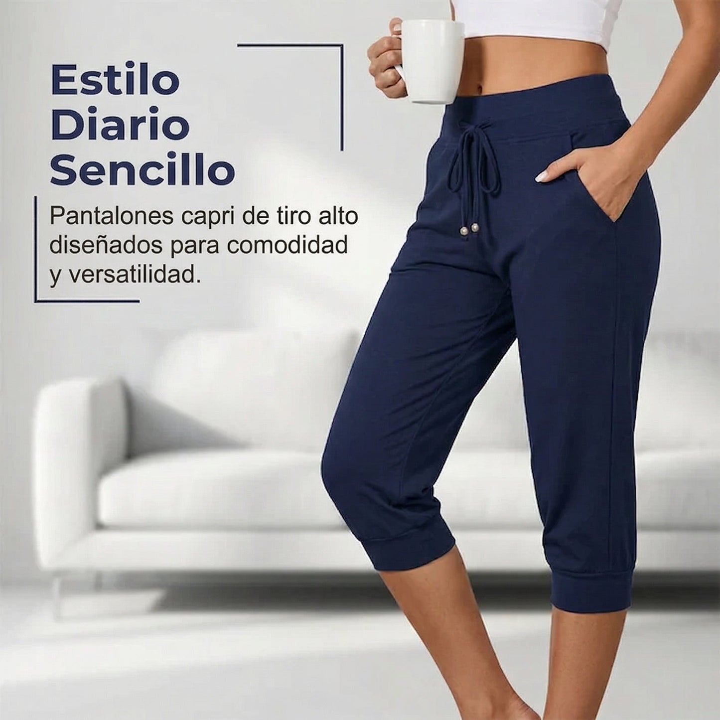 Pantalones Capri Mujer con Cordón en Cintura Ajustable
