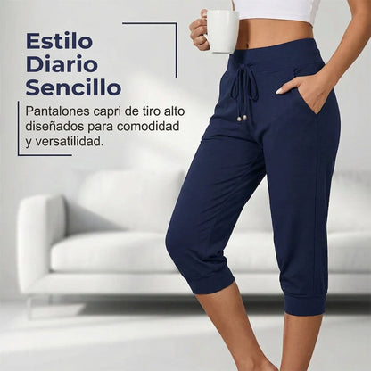Pantalones Capri Mujer con Cordón en Cintura Ajustable
