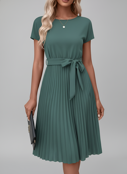 Vestido midi mujer de gasa con cinturón falda plisada manga corta