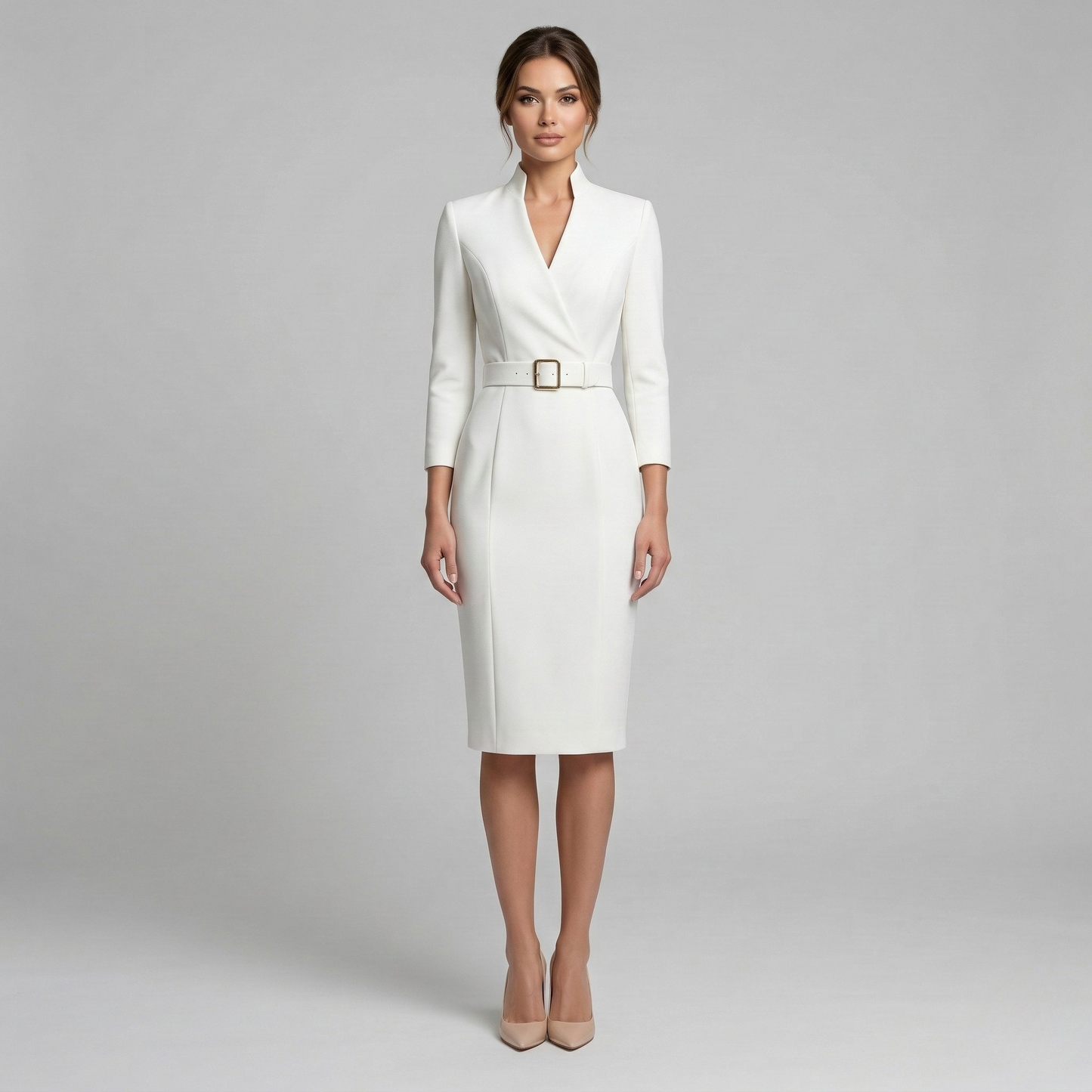 Vestido Midi Mujer Corte Etui Cuello Alto Manga Larga Cinturón