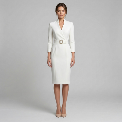 Vestido Midi Mujer Corte Etui Cuello Alto Manga Larga Cinturón