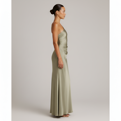 Vestido Largo Mujer Satinado Drapeado Abertura Lateral