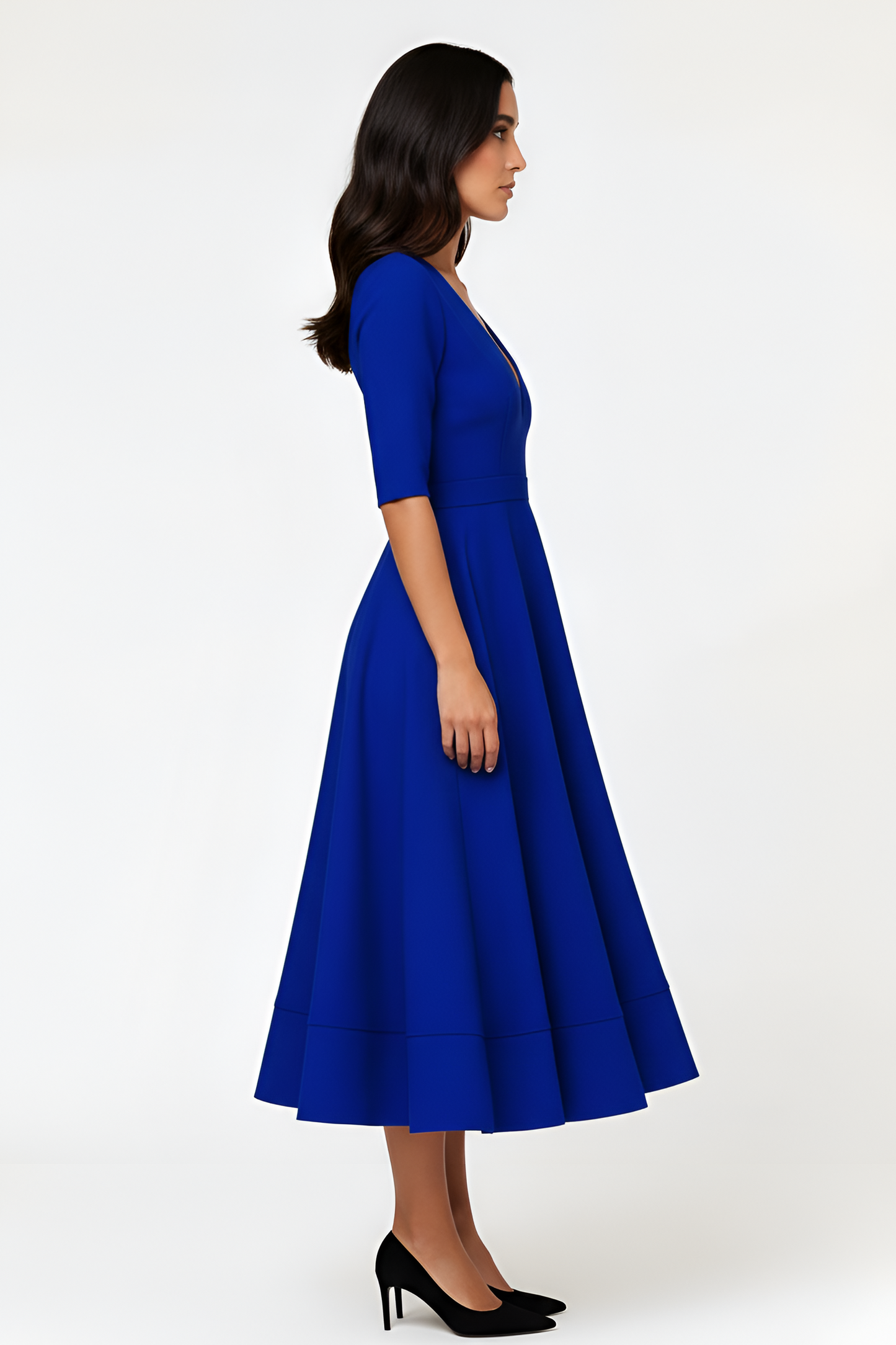 Vestido Midi Mujer Poliéster Cuello en V Falda Evase Mangas Medias