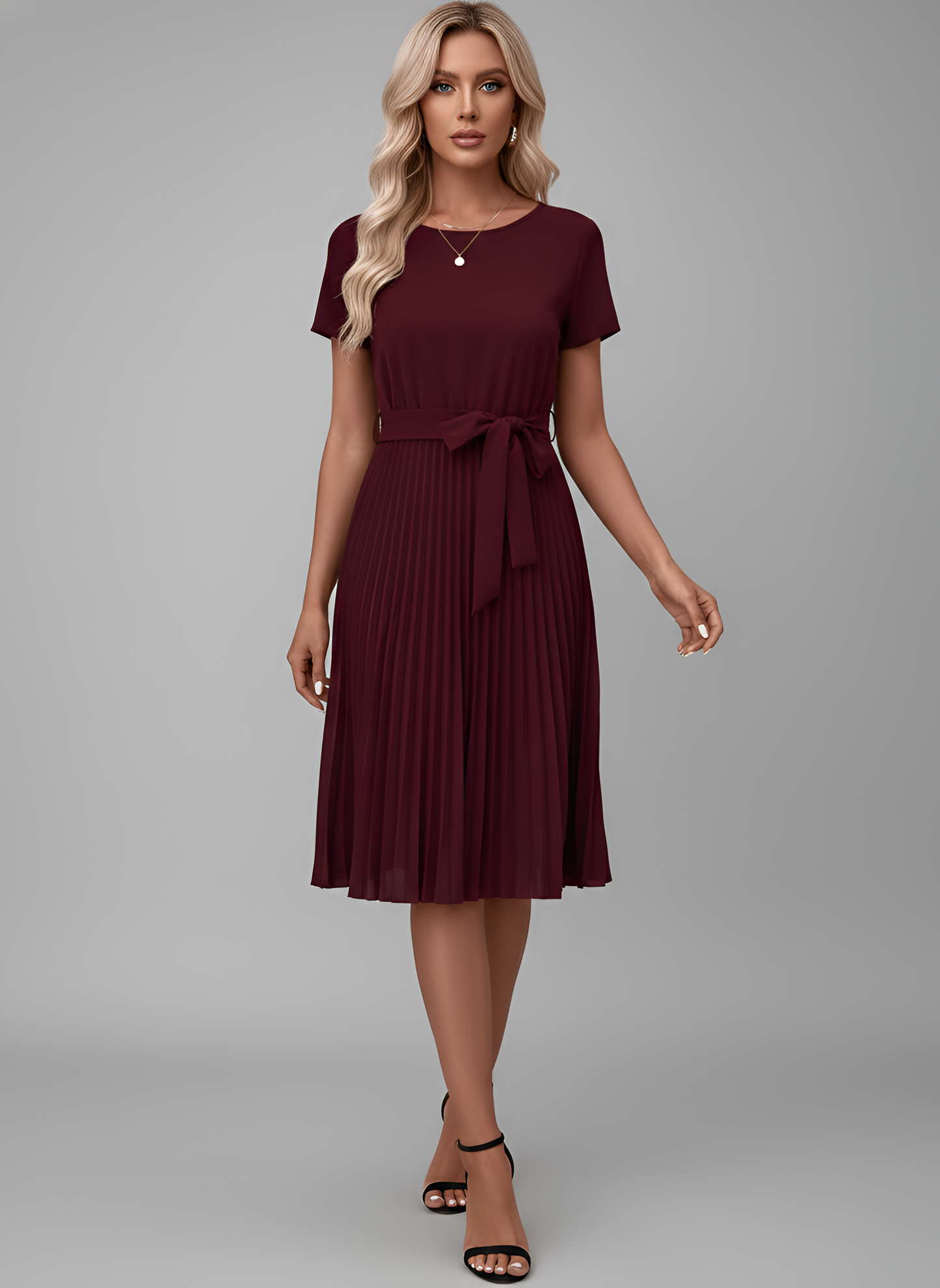 Vestido midi mujer de gasa con cinturón falda plisada manga corta