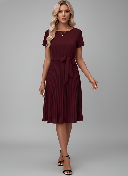 Vestido midi mujer de gasa con cinturón falda plisada manga corta