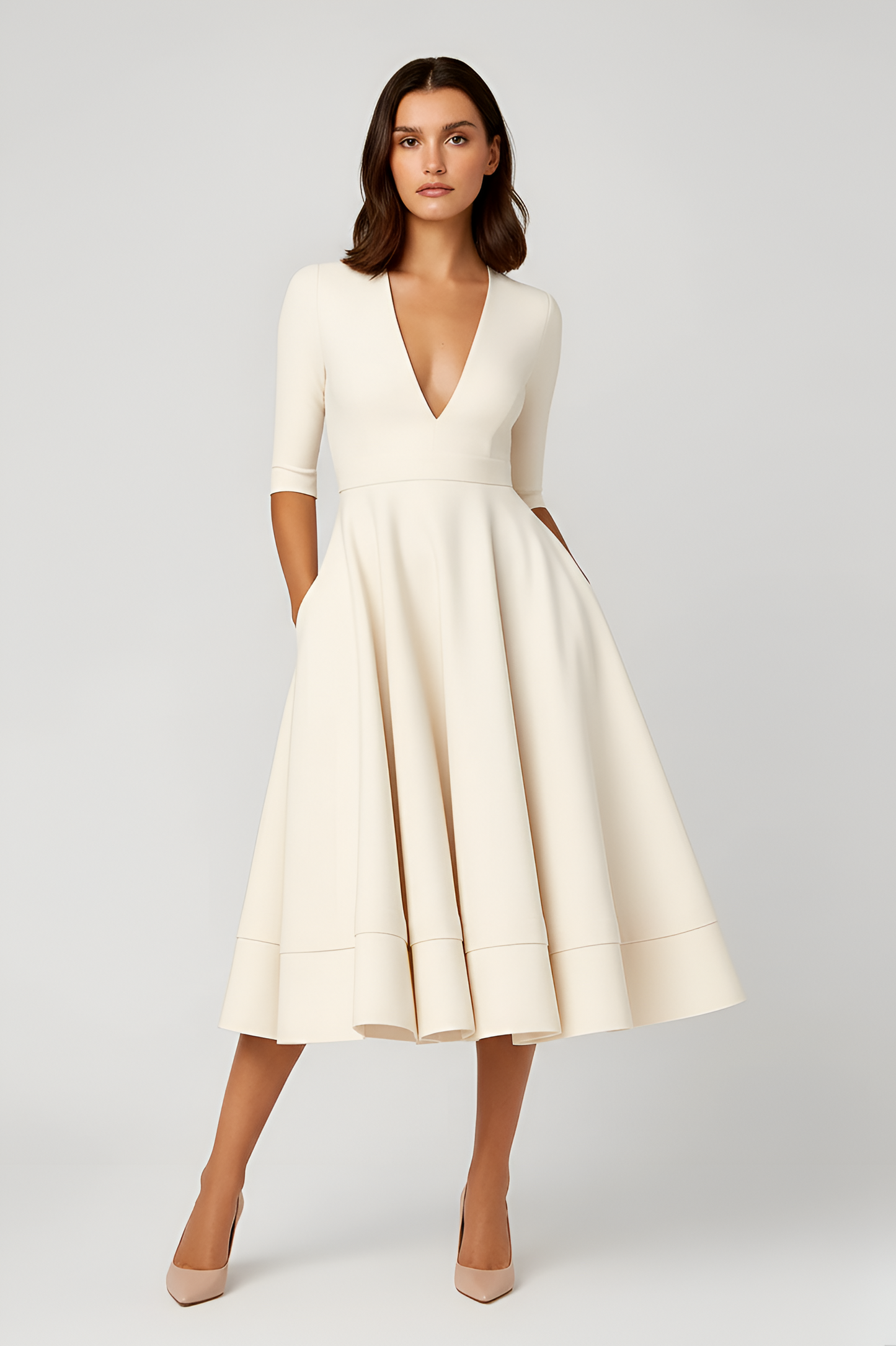 Vestido Midi Mujer Poliéster Cuello en V Falda Evase Mangas Medias