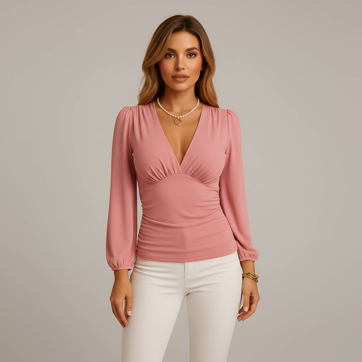 Blusa Mujer Escote en V Cruzado Manga Larga Ajuste Entallado