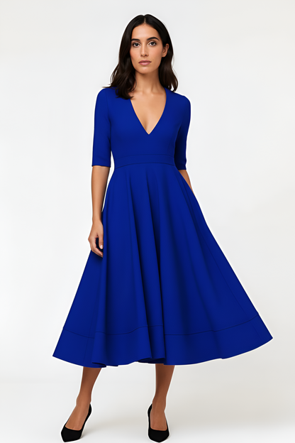 Vestido Midi Mujer Poliéster Cuello en V Falda Evase Mangas Medias - Mavetta