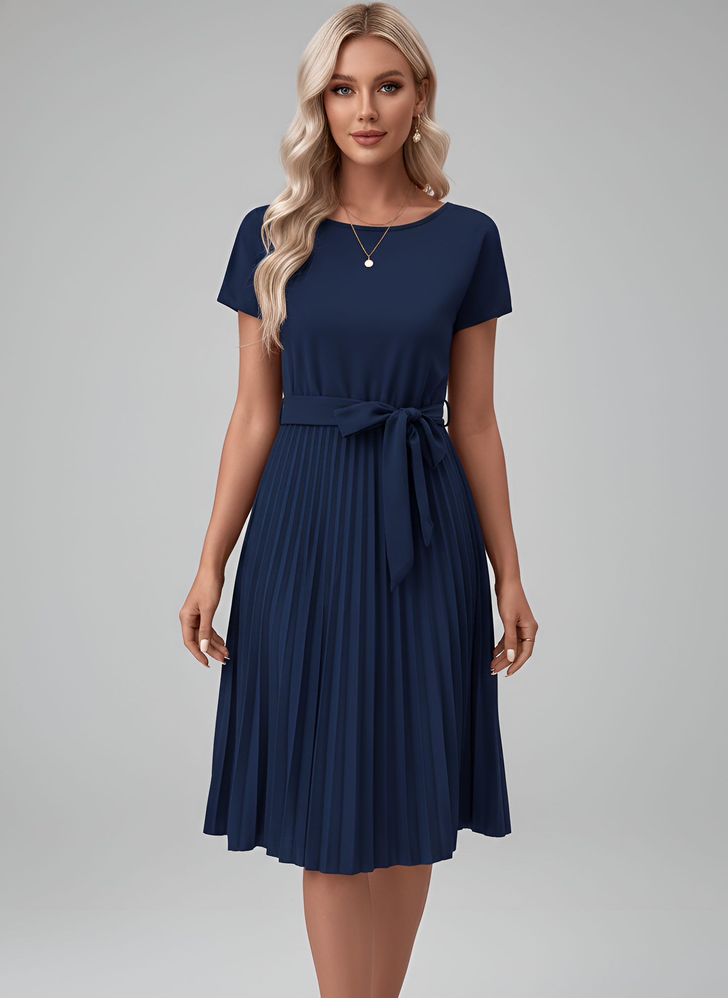 Vestido midi mujer de gasa con cinturón falda plisada manga corta - Mavetta