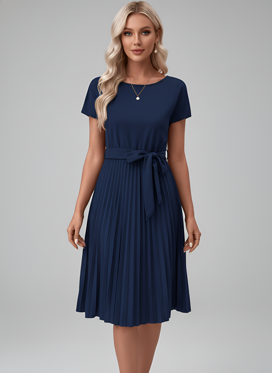 Vestido midi mujer de gasa con cinturón falda plisada manga corta - Mavetta