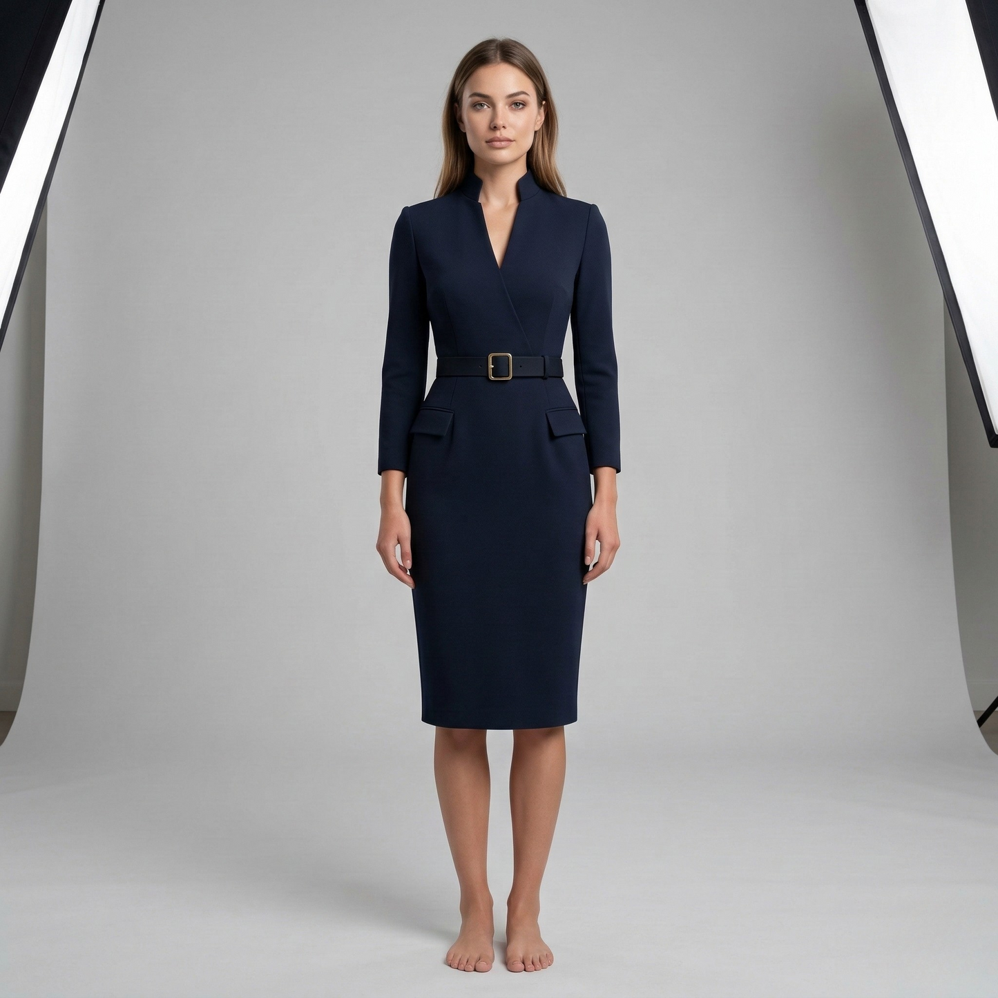 Vestido Midi Mujer Corte Etui Cuello Alto Manga Larga Cinturón