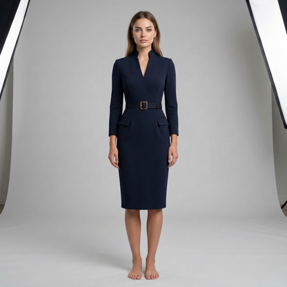 Vestido Midi Mujer Corte Etui Cuello Alto Manga Larga Cinturón