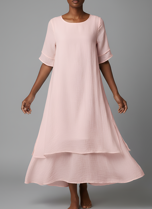 Vestido Largo Mujer Mezcla Algodón Manga Corta Dobladillo Irregular - Mavetta