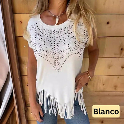Camiseta Mujer con Detalle Brillante y Flecos
