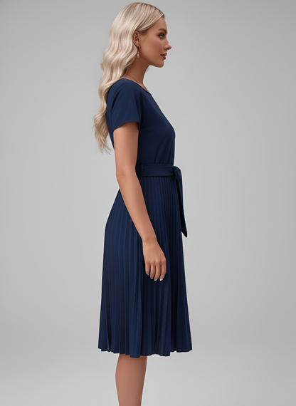 Vestido midi mujer de gasa con cinturón falda plisada manga corta
