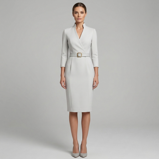 Vestido Midi Mujer Corte Etui Cuello Alto Manga Larga Cinturón - Mavetta