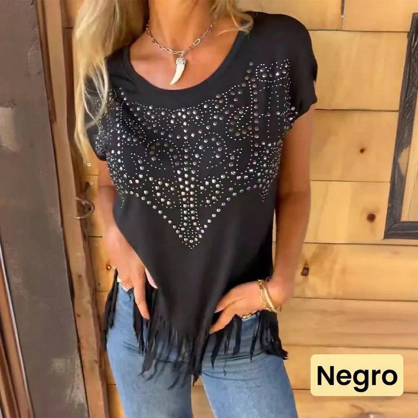 Camiseta Mujer con Detalle Brillante y Flecos