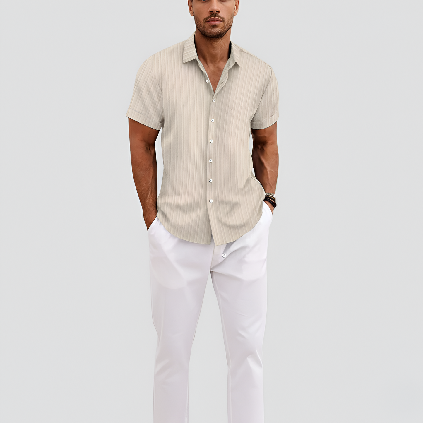 Camisa Hombre Algodón Mezcla Manga Corta Cuello Botones