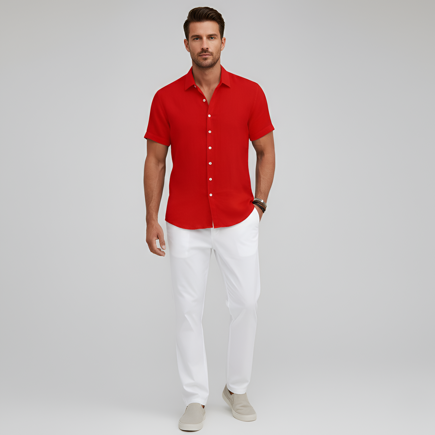 Camisa Hombre Algodón Mezcla Manga Corta Cuello Botones
