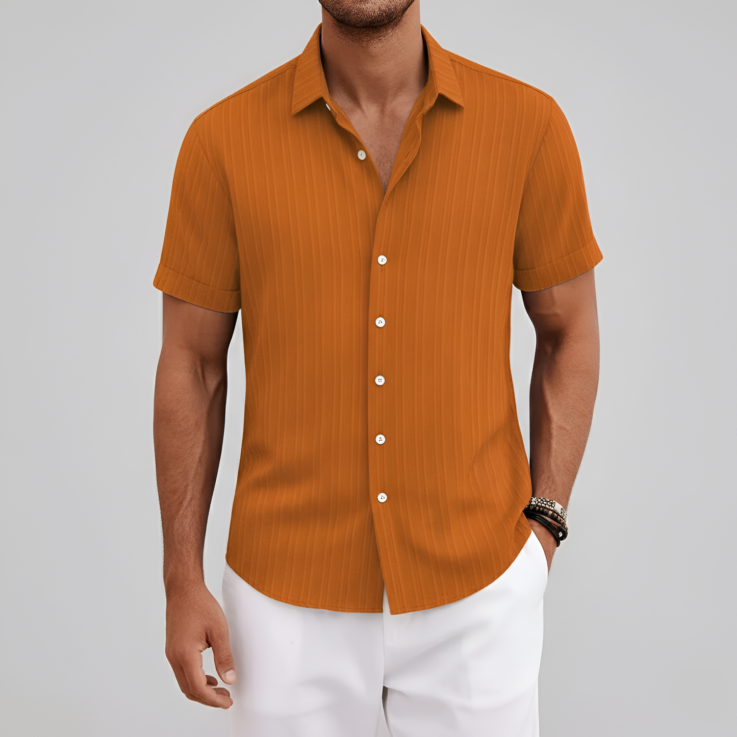 Camisa Hombre Algodón Mezcla Manga Corta Cuello Botones