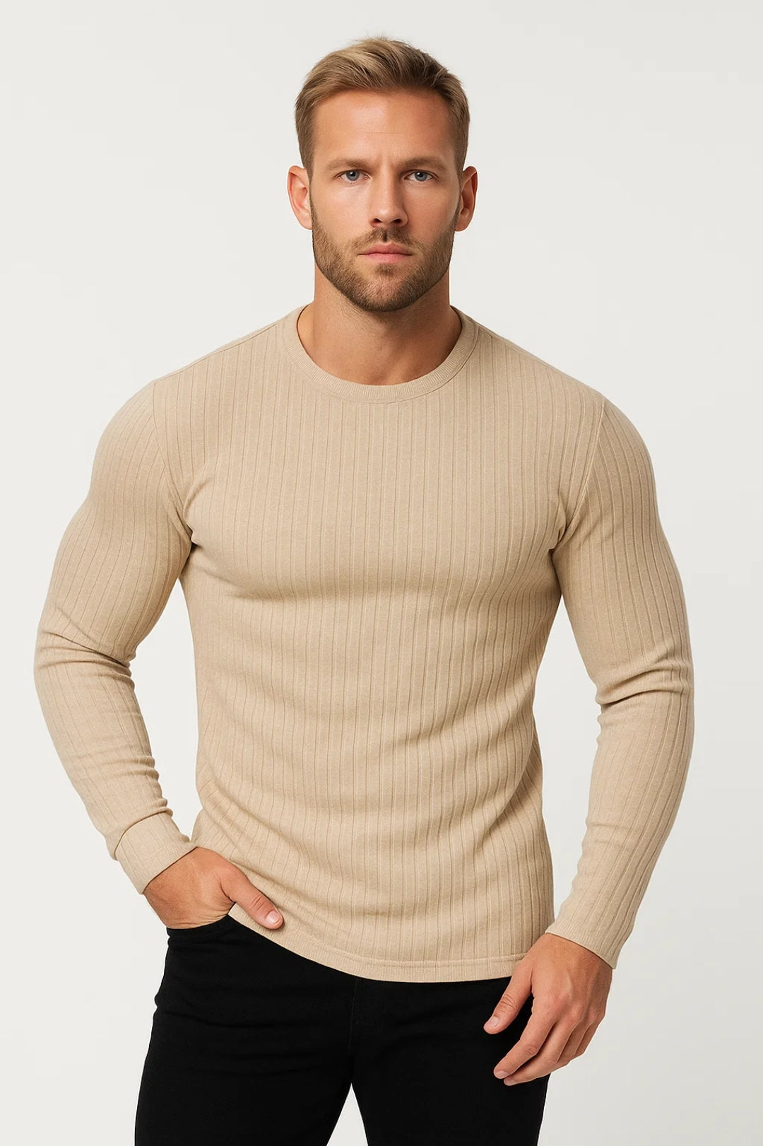 Camiseta deportiva hombre de manga larga cuello redondo entallada