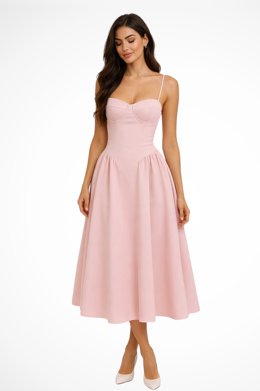 Vestido midi mujer cuerpo corsé falda línea A - Mavetta