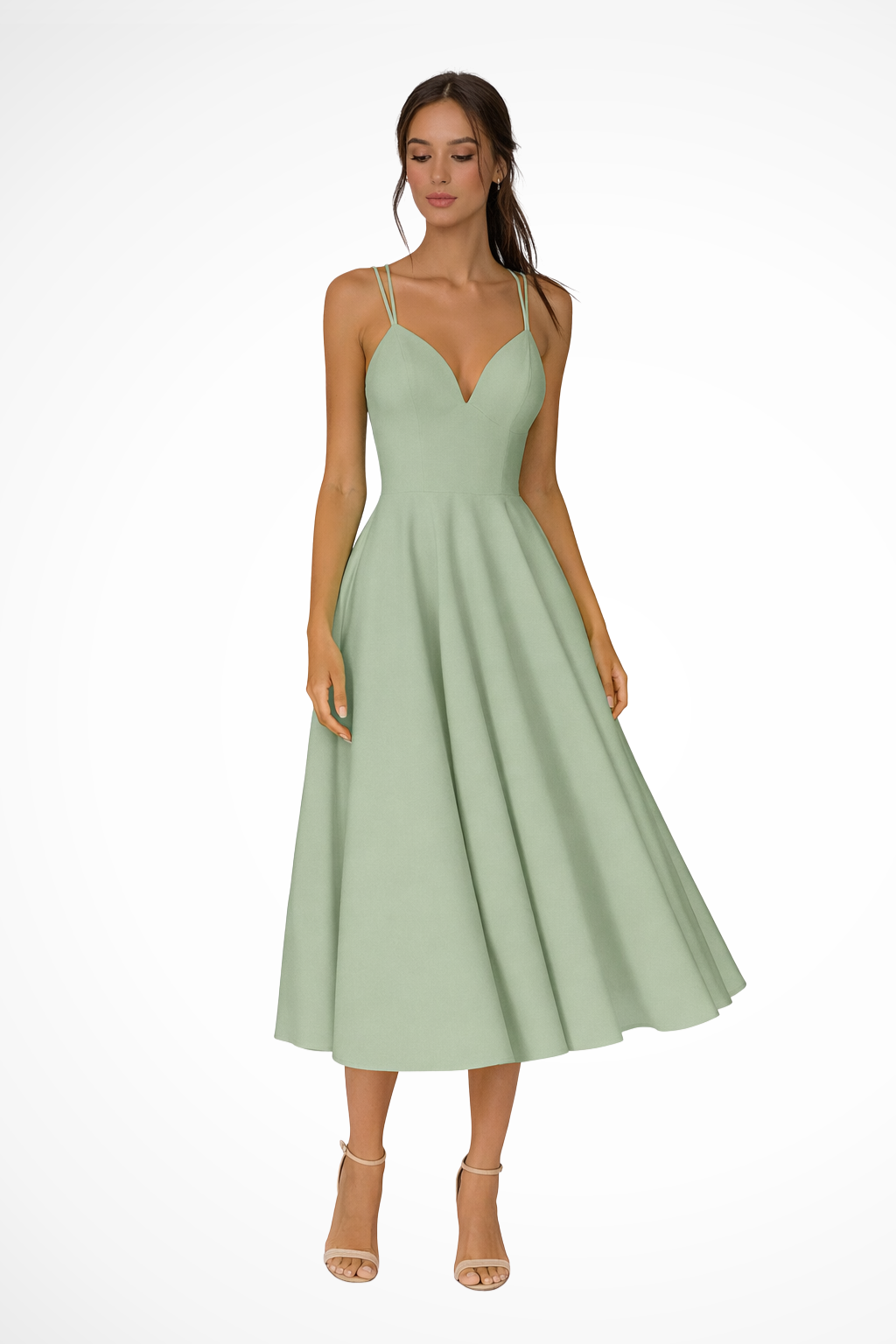 Vestido midi Mujer con tirantes finos y falda evasé