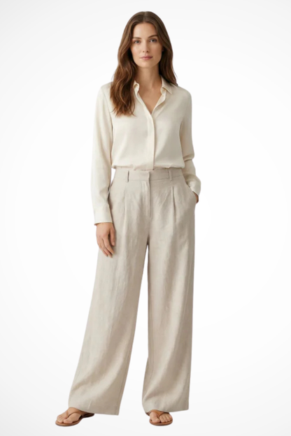 Pantalones Mujer Pata Ancha Pliegues Frontales Cintura Alta - Mavetta