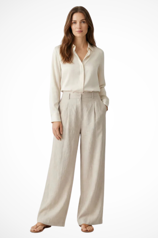 Pantalones Mujer Pata Ancha Pliegues Frontales Cintura Alta - Mavetta