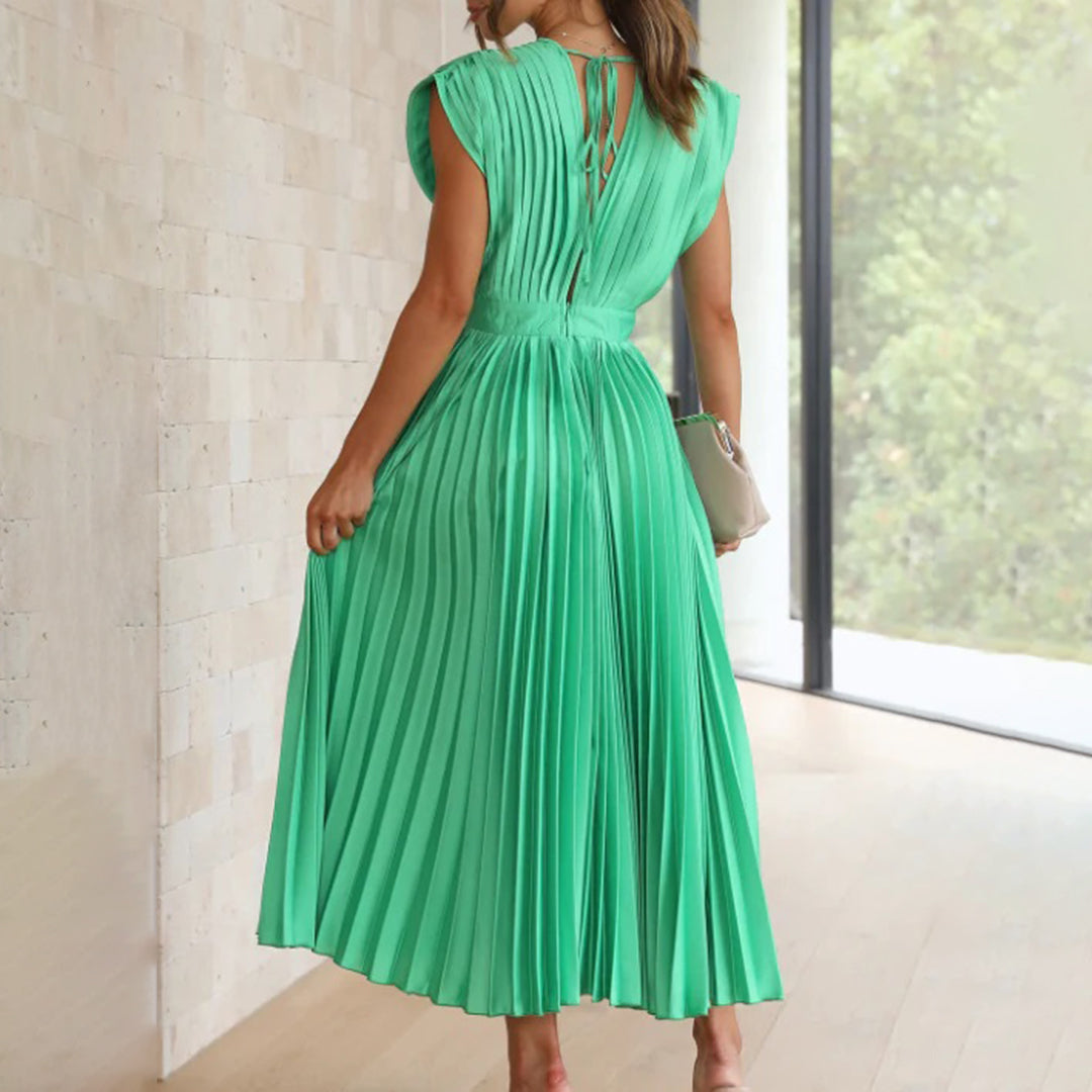 Vestido Mujer Plisado Gasa Escote en V Espalda Descubierta