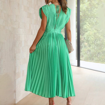 Vestido Mujer Plisado Gasa Escote en V Espalda Descubierta