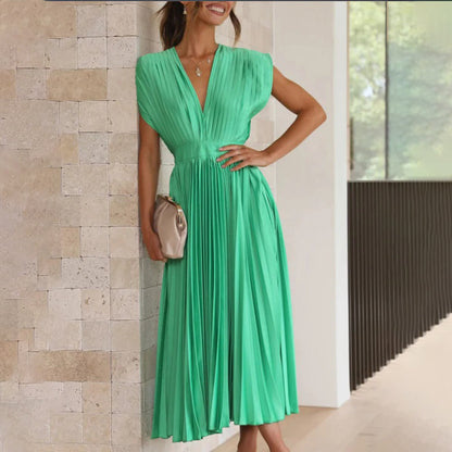 Vestido Mujer Plisado Gasa Escote en V Espalda Descubierta
