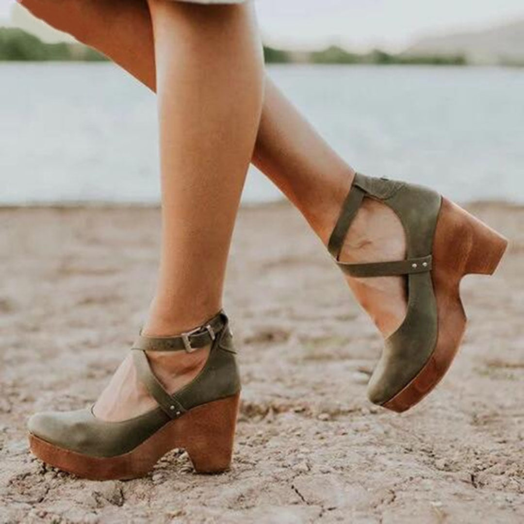 Zapatos Mujer Cuña Punta Cerrada Correa Ajustable Tobillo