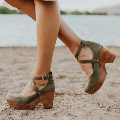 Zapatos Mujer Cuña Punta Cerrada Correa Ajustable Tobillo