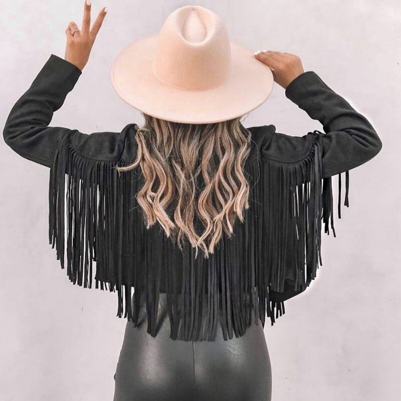 Chaqueta Mujer Antelina Flecos Estilo Western Corte Cropped