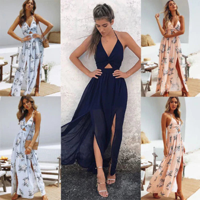 Vestido maxi mujer con cuello halter y abertura lateral