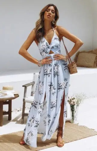 Vestido maxi mujer con cuello halter y abertura lateral