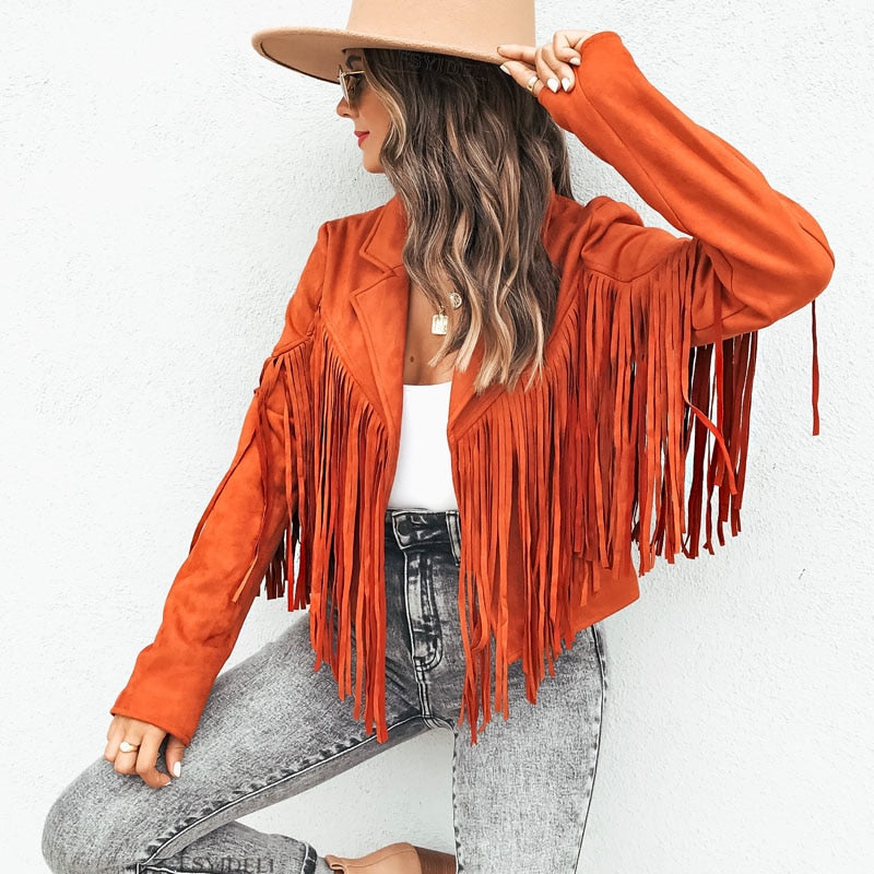 Chaqueta Mujer Antelina Flecos Estilo Western Corte Cropped