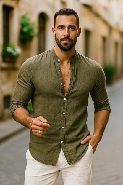 Camisa Hombre de Lino Cuello Clasico Manga Tres Cuartos Ajustable