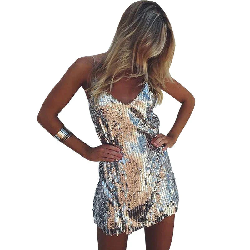Vestido corto Mujer con Lentejuelas Escote en V profundo