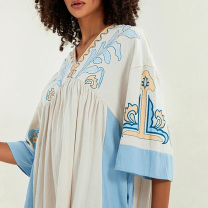 Vestido túnica mujer con bordados escote en V
