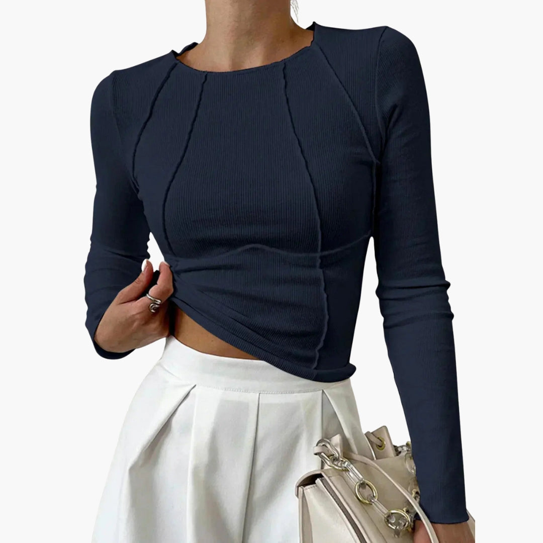 Camiseta Mujer de Punto Canalé Manga Larga Cuello Redondo