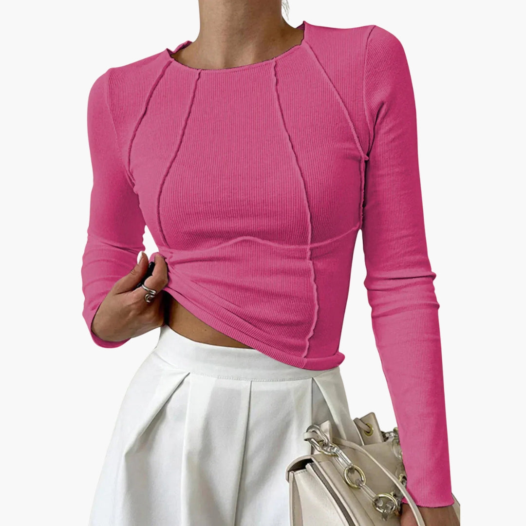 Camiseta Mujer de Punto Canalé Manga Larga Cuello Redondo