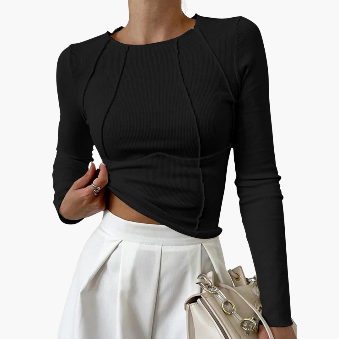 Camiseta Mujer de Punto Canalé Manga Larga Cuello Redondo