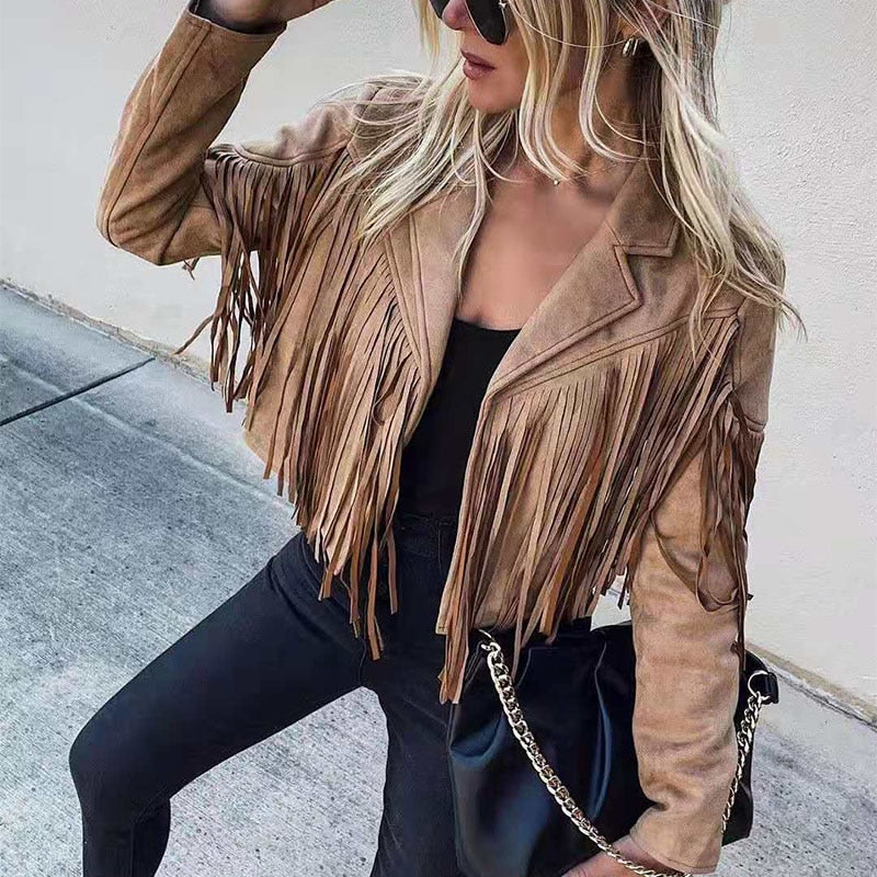 Chaqueta Mujer Antelina Flecos Estilo Western Corte Cropped