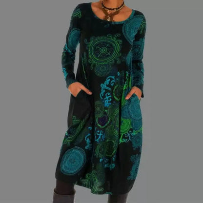 Vestido midi mujer manga larga estilo bohemio estampado