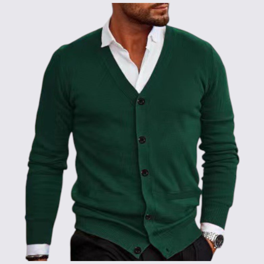 Chaqueta punto hombre cuello en V cierre botones corte entallado