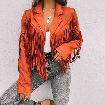 Chaqueta Mujer Antelina Flecos Estilo Western Corte Cropped