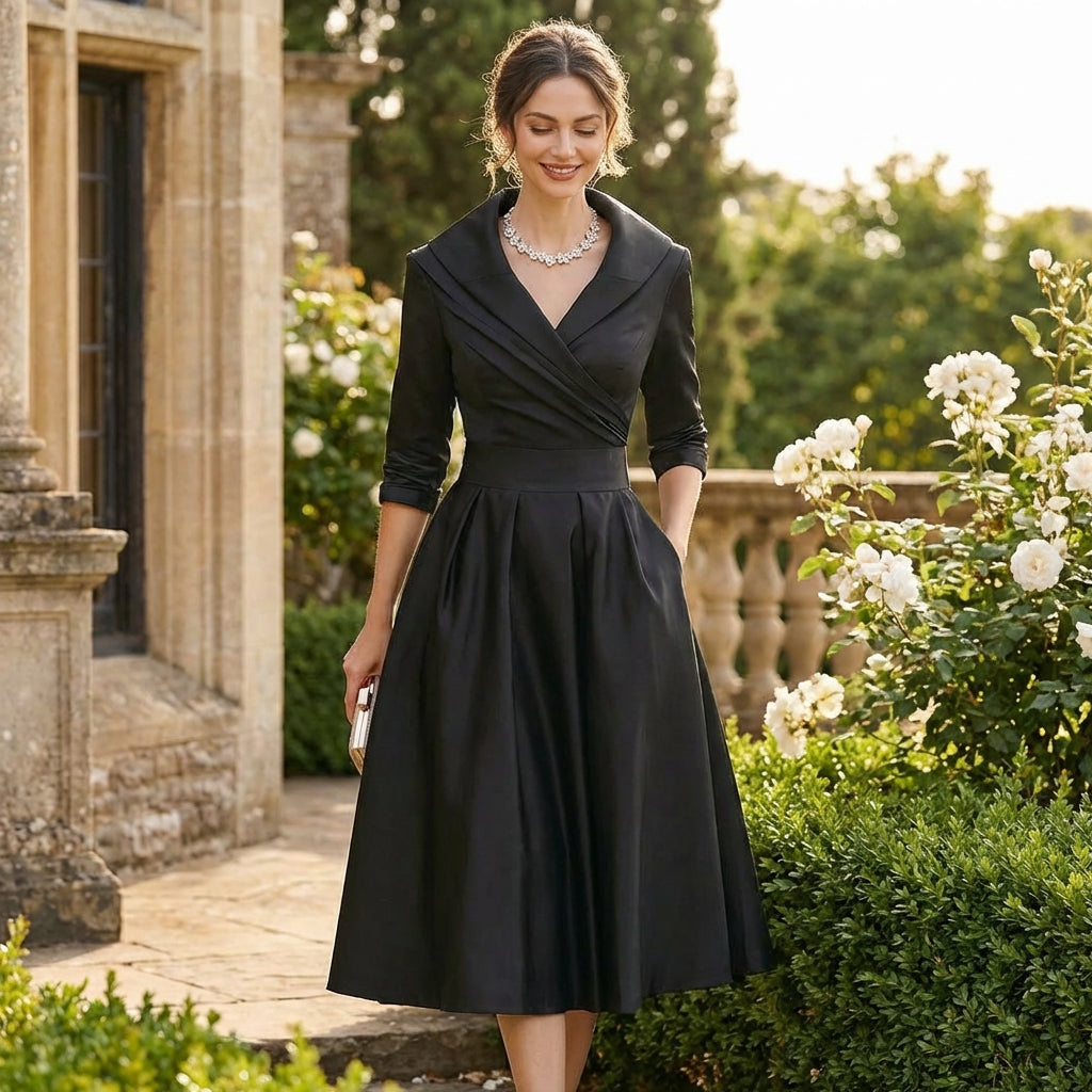 Vestido Midi Mujer Cruzado Cuello Solapa Vuelo