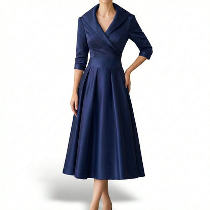 Vestido Midi Mujer Cruzado Cuello Solapa Vuelo